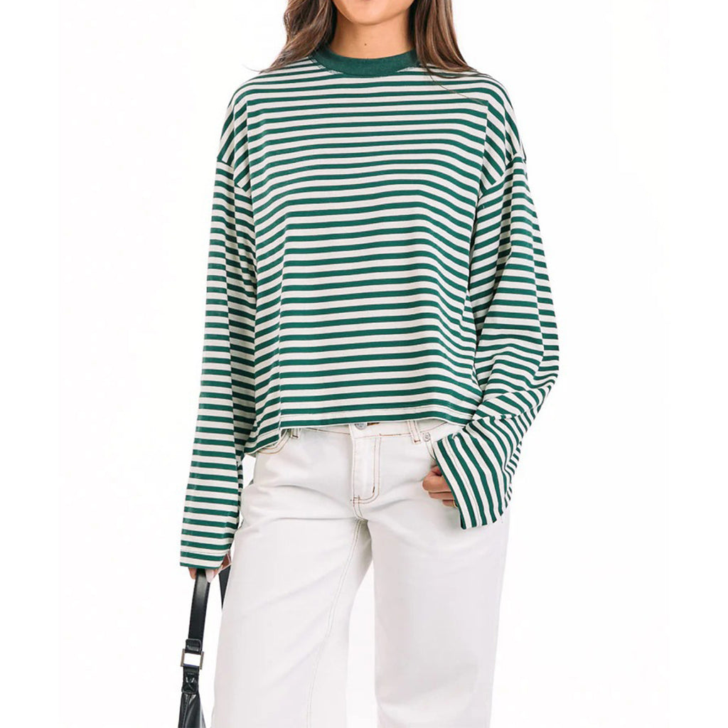 Boxy Striped Long Sleeve Drop Shoulder Tee - green