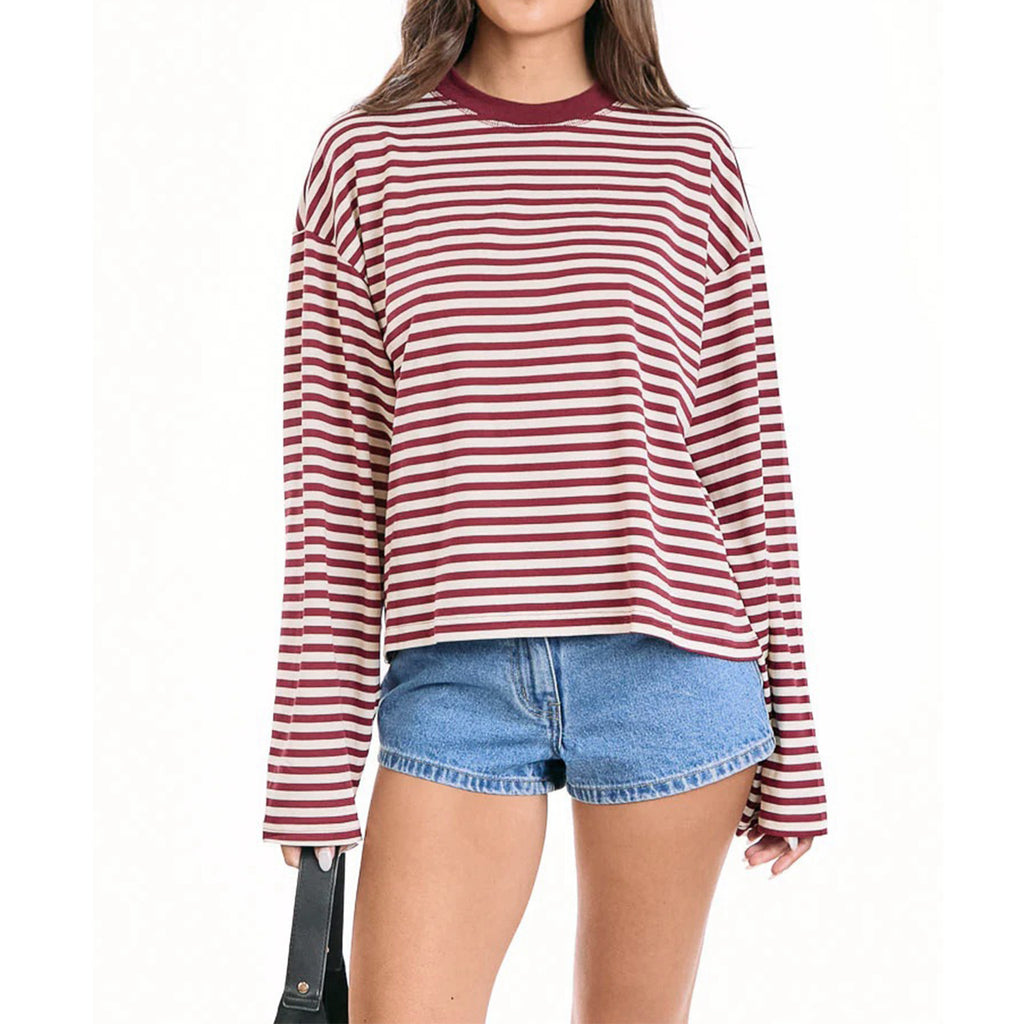 Boxy Striped Long Sleeve Drop Shoulder Tee - red