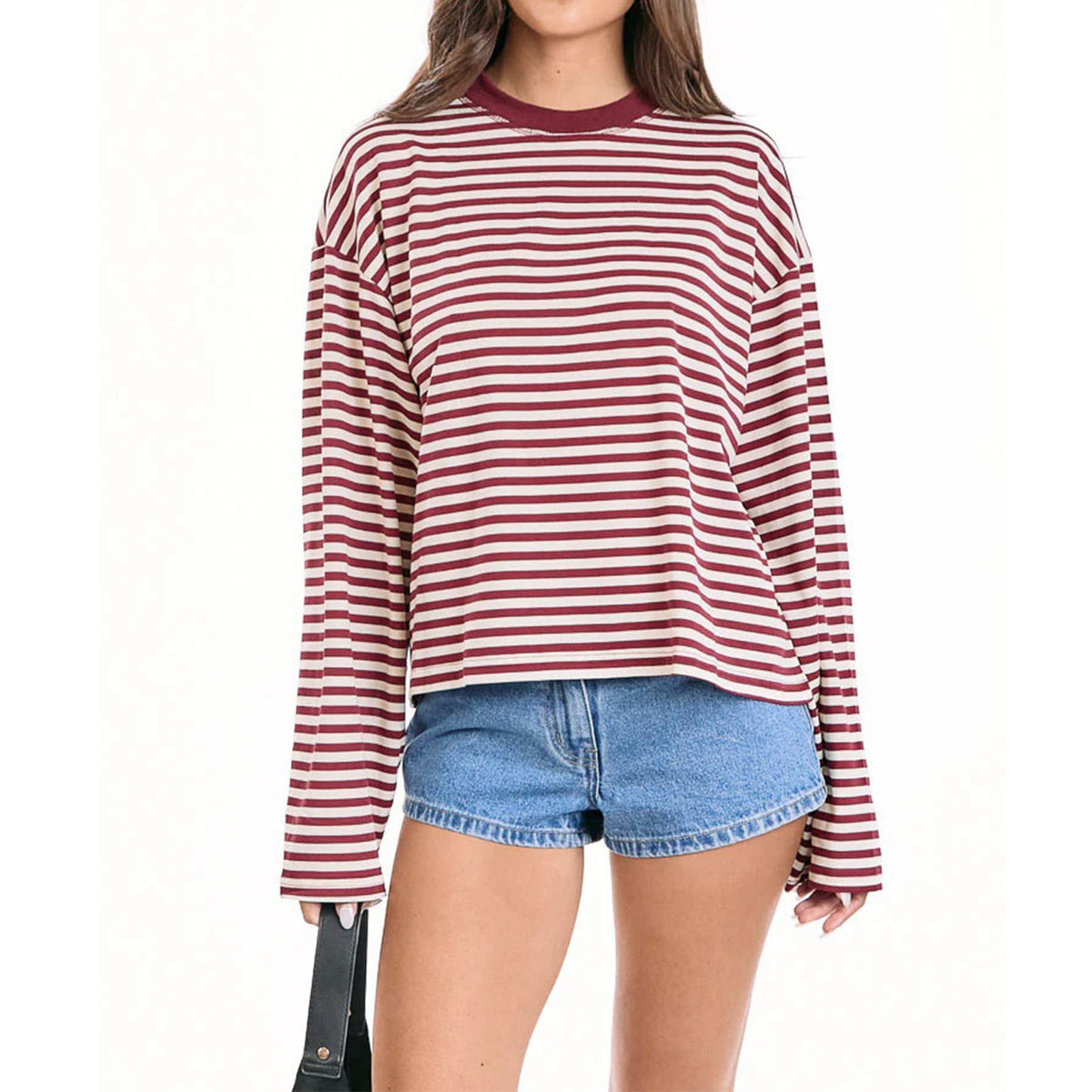 Boxy Striped Long Sleeve Drop Shoulder Tee - red