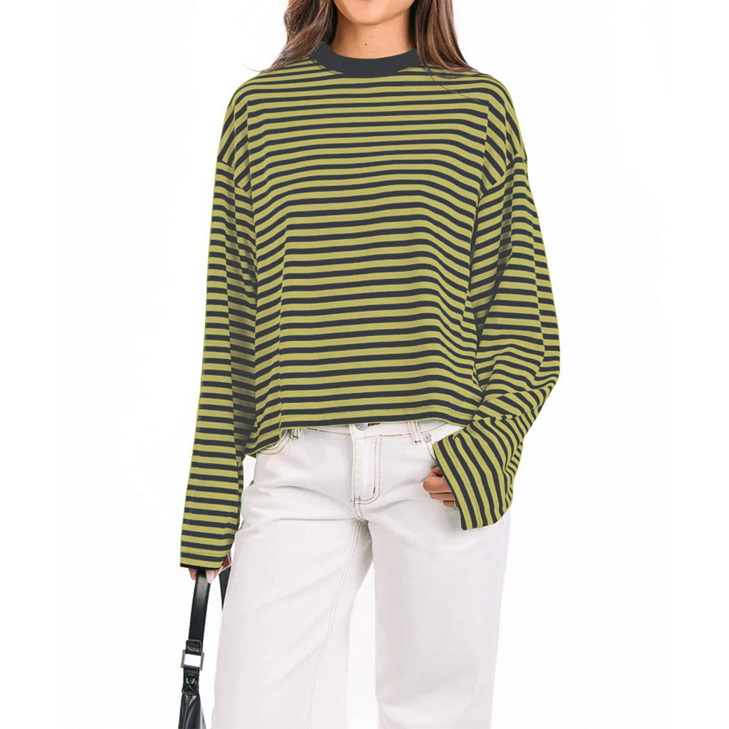 Boxy Striped Long Sleeve Drop Shoulder Tee - yellow