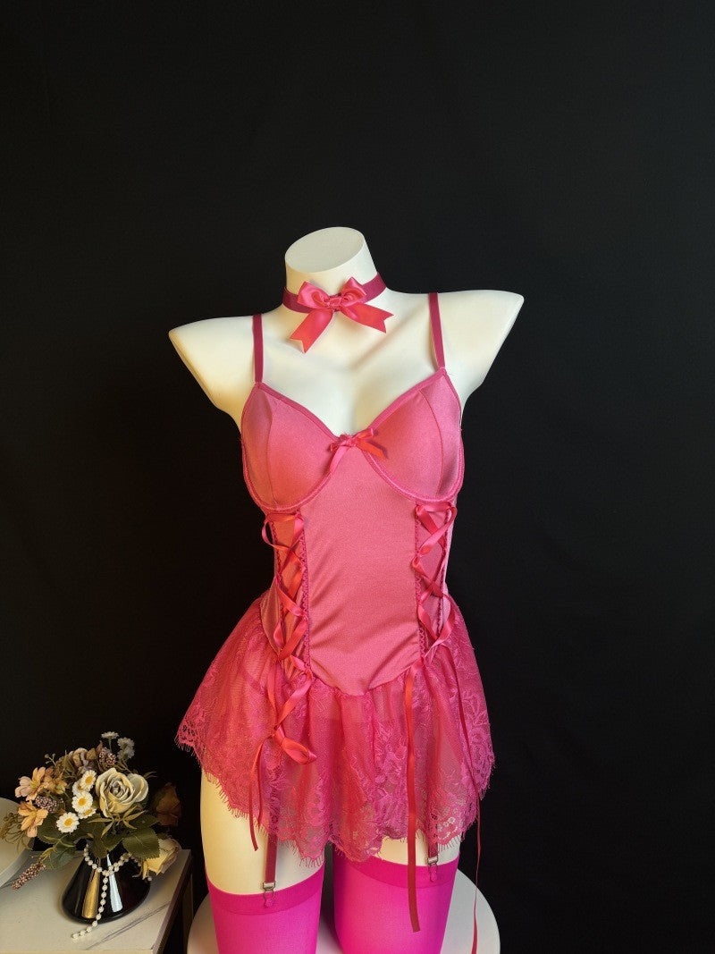Eyelash Lace Corset Babydoll Garter Set - Rose Pink