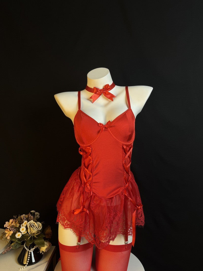 Eyelash Lace Corset Babydoll Garter Set