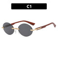 Rimless Oval Wood Look Temple Sunglasses - Color_1