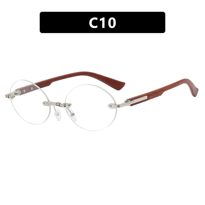 Rimless Oval Wood Look Temple Sunglasses - Color_10