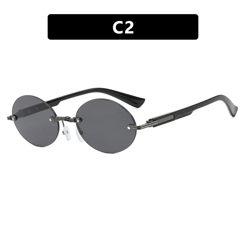 Rimless Oval Wood Look Temple Sunglasses - Color_2