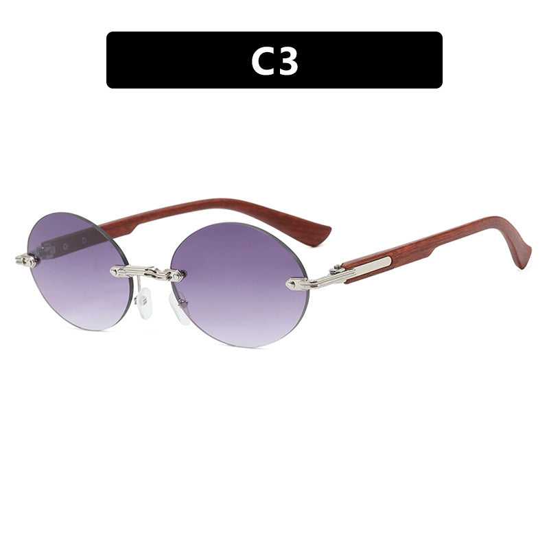 Rimless Oval Wood Look Temple Sunglasses - Color_3