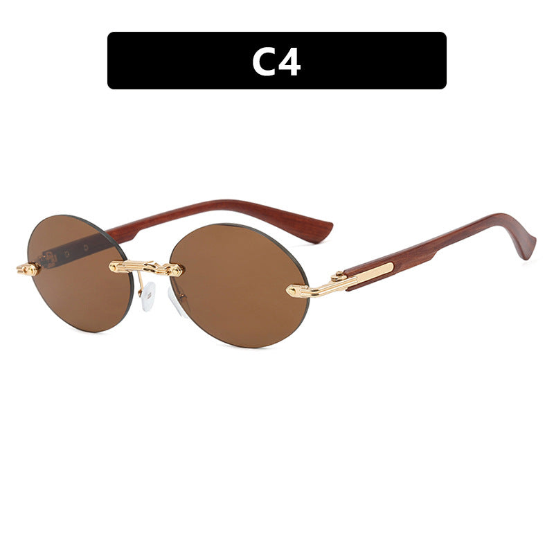 Rimless Oval Wood Look Temple Sunglasses - Color_4
