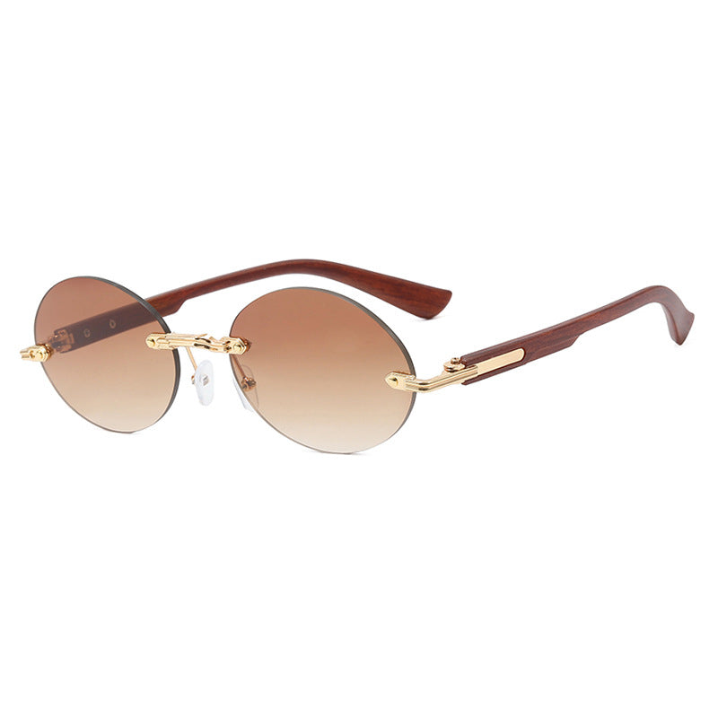 Rimless Oval Wood Look Temple Sunglasses - Color_5