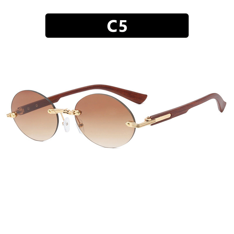 Rimless Oval Wood Look Temple Sunglasses - Color_5 - 1