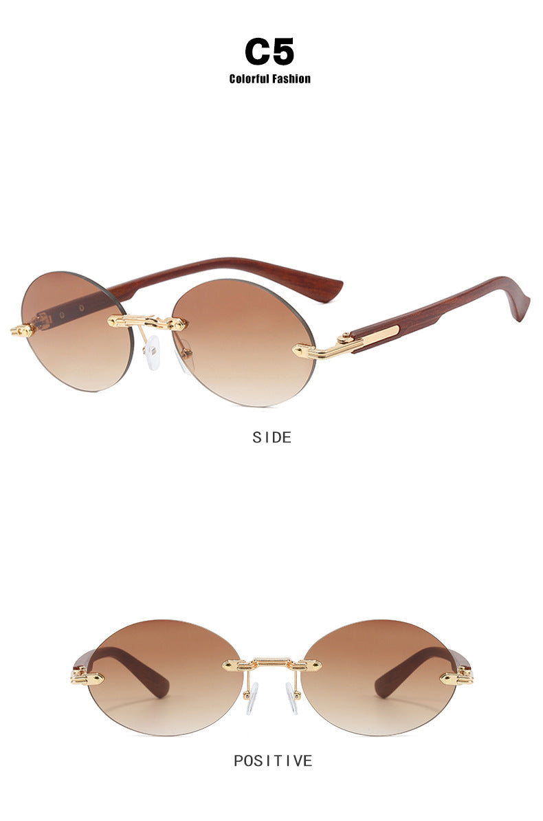 Rimless Oval Wood Look Temple Sunglasses - Color_5 - 2