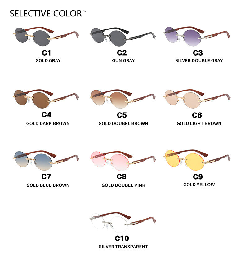 Rimless Oval Wood Look Temple Sunglasses - Color_5 - 3