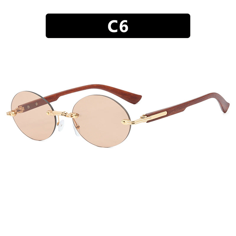 Rimless Oval Wood Look Temple Sunglasses - Color_6