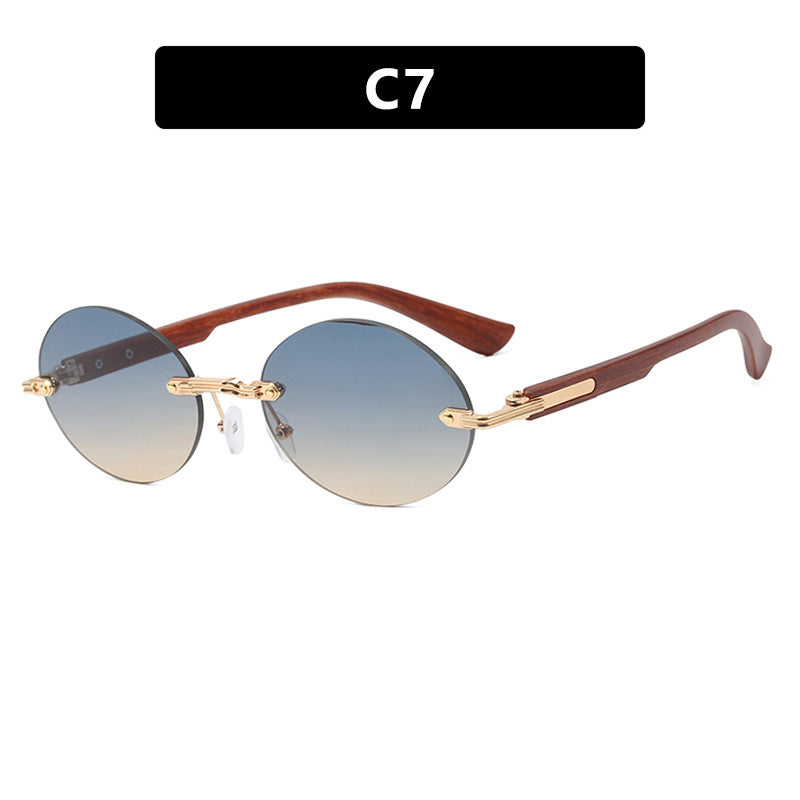 Rimless Oval Wood Look Temple Sunglasses - Color_7