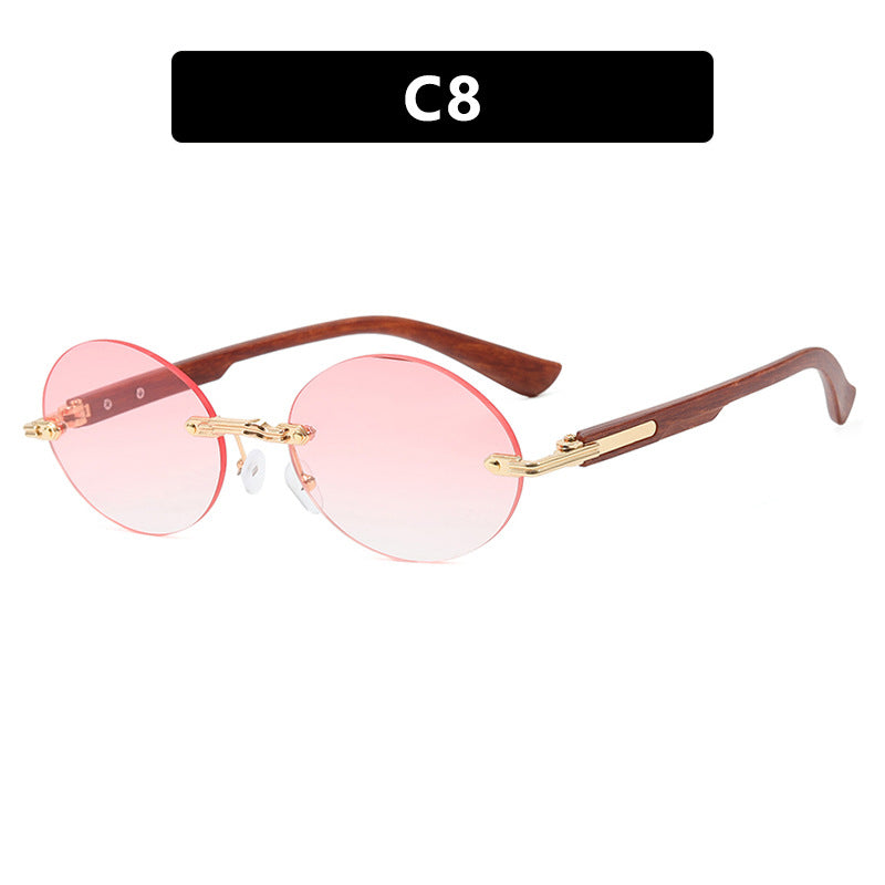 Rimless Oval Wood Look Temple Sunglasses - Color_8