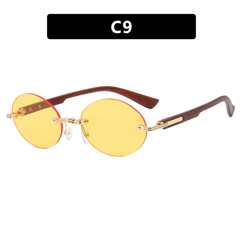 Rimless Oval Wood Look Temple Sunglasses - Color_9