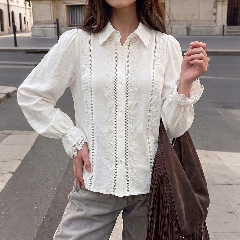 White Lace Insert Ruffle Cuff Long Sleeve Shirt - White