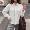 White Lace Insert Ruffle Cuff Long Sleeve Shirt - White