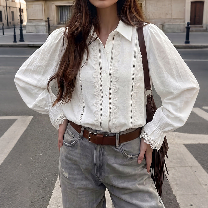 White Lace Insert Ruffle Cuff Long Sleeve Shirt - White - 1