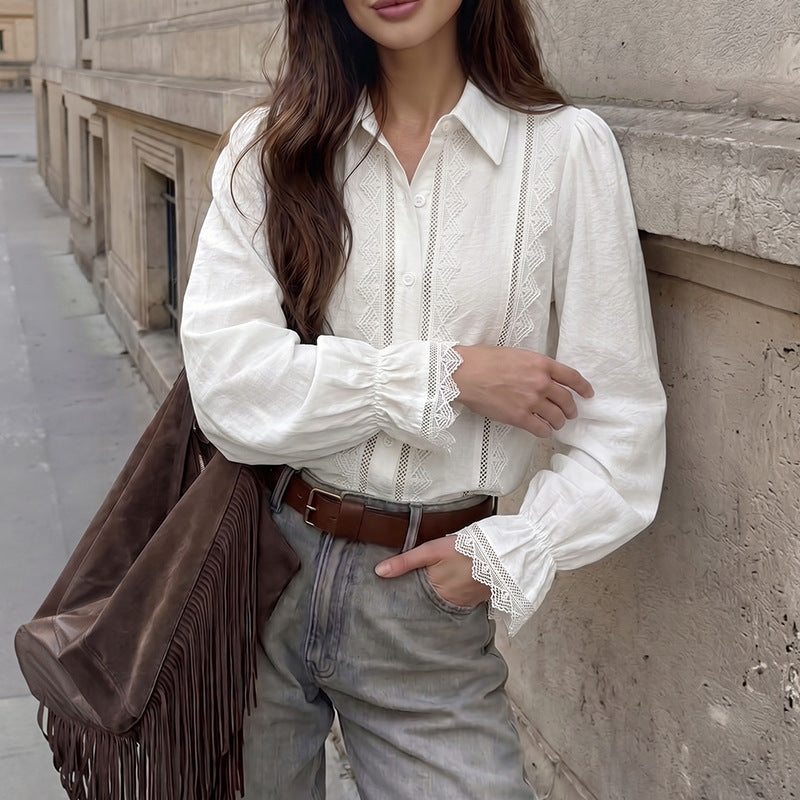 White Lace Insert Ruffle Cuff Long Sleeve Shirt - White - 2