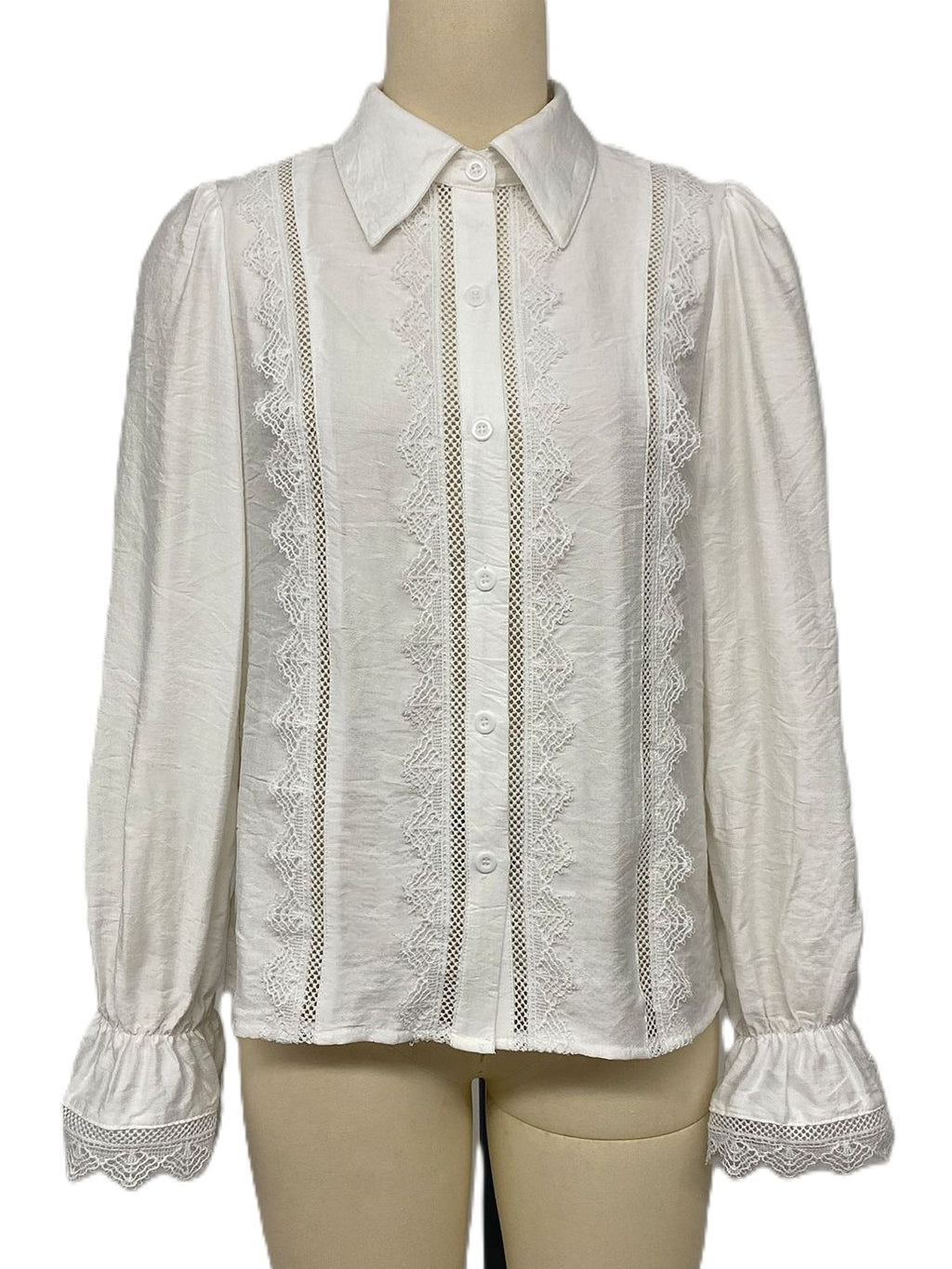 White Lace Insert Ruffle Cuff Long Sleeve Shirt - White - 3