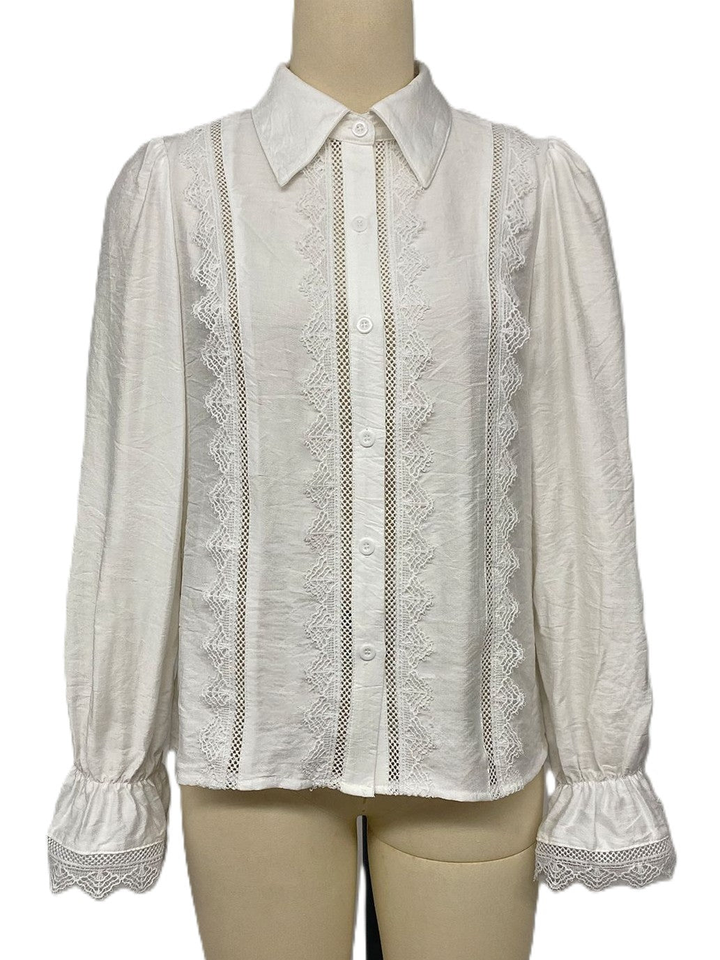 White Lace Insert Ruffle Cuff Long Sleeve Shirt - White - 3