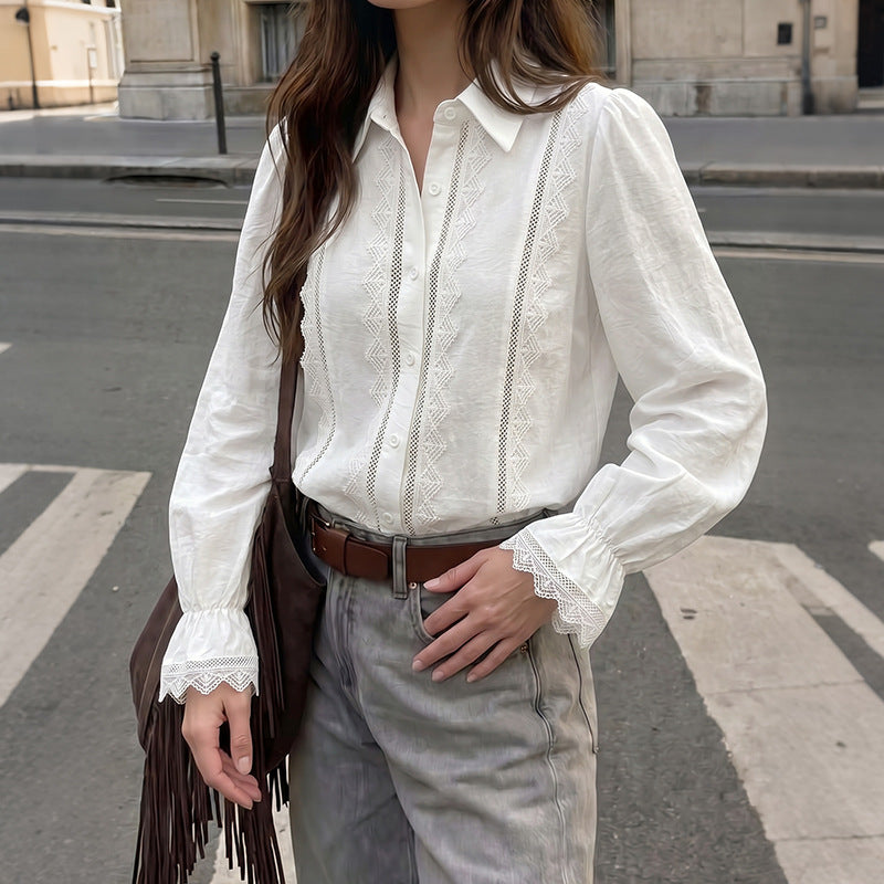 White Lace Insert Ruffle Cuff Long Sleeve Shirt - White - 5