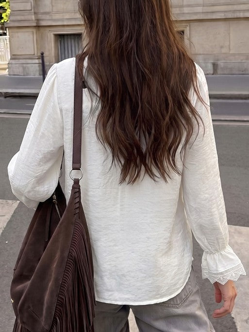 White Lace Insert Ruffle Cuff Long Sleeve Shirt - White - 6