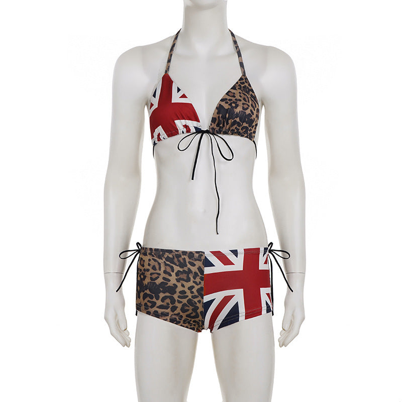 Leopard Halter Bikini Set With Flag Panels - Leopard