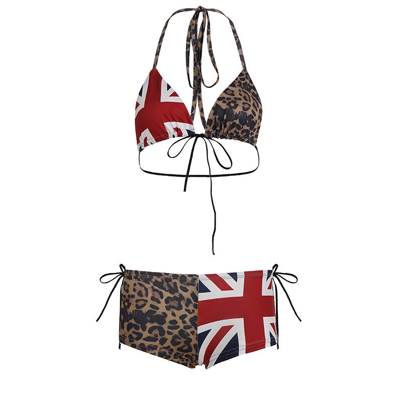 Leopard Halter Bikini Set With Flag Panels - view 1