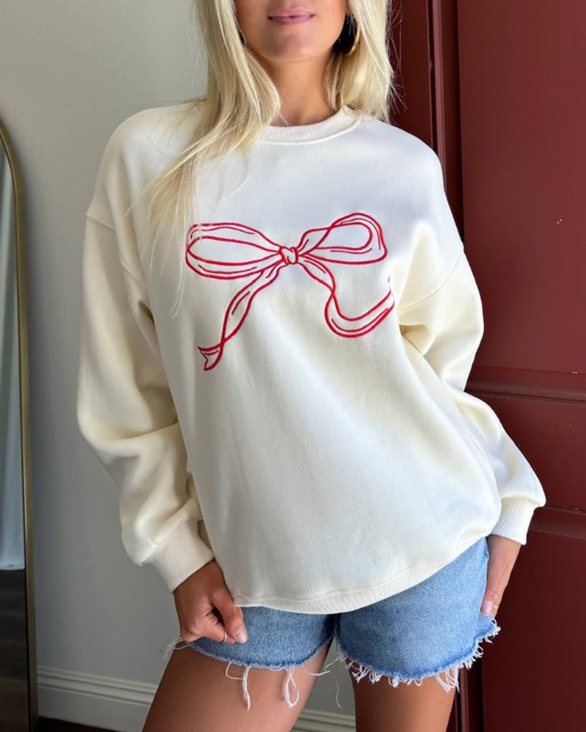 Embroidered Bow Oversized Crewneck Sweatshirt
