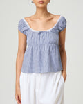 Puff Sleeve Lace Trim Babydoll Top - Blue