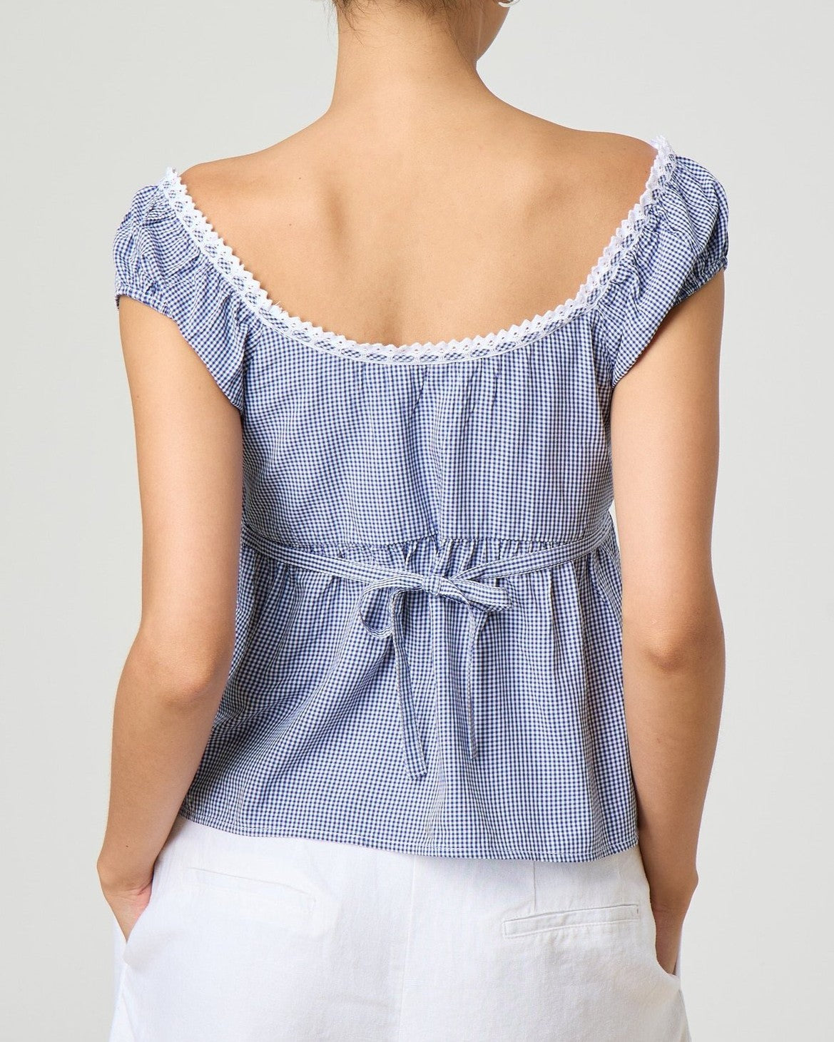 Puff Sleeve Lace Trim Babydoll Top - Blue - 2