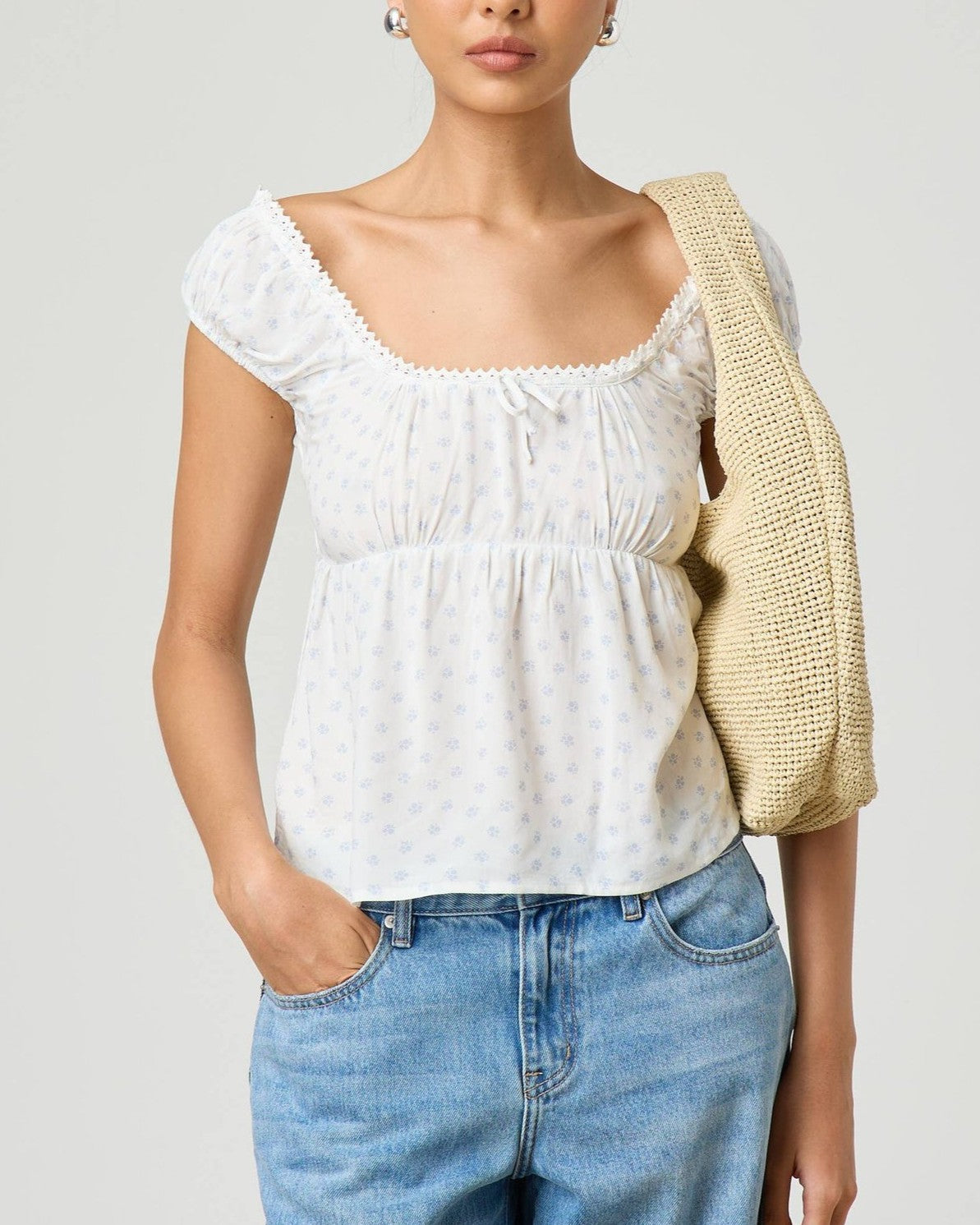 Puff Sleeve Lace Trim Babydoll Top - Blue - 3