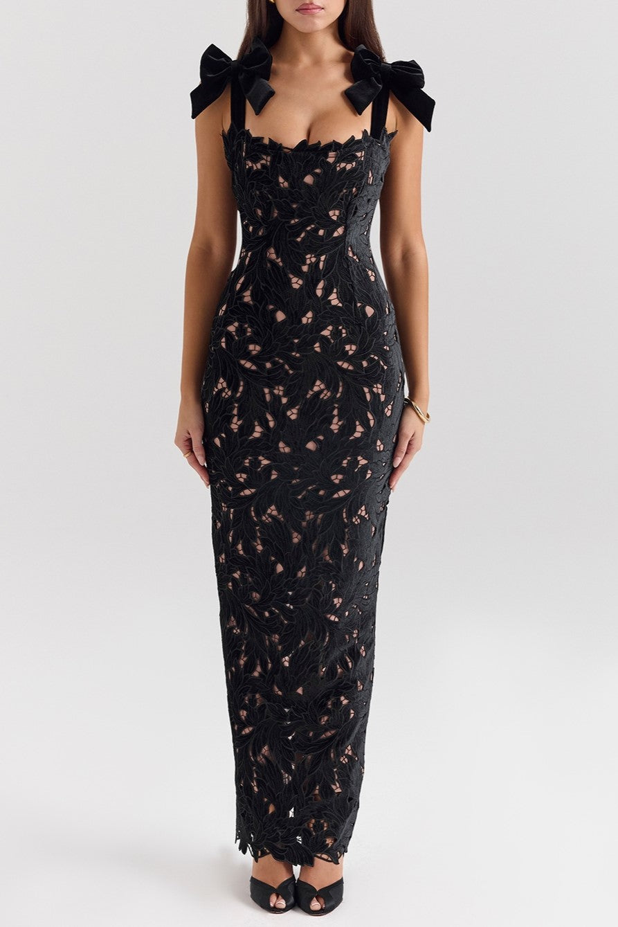 Floral Lace Bow Strap Column Gown - black - 1