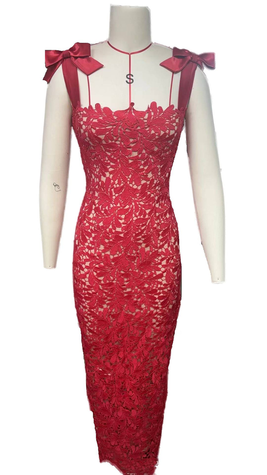 Floral Lace Bow Strap Column Gown - red - 1
