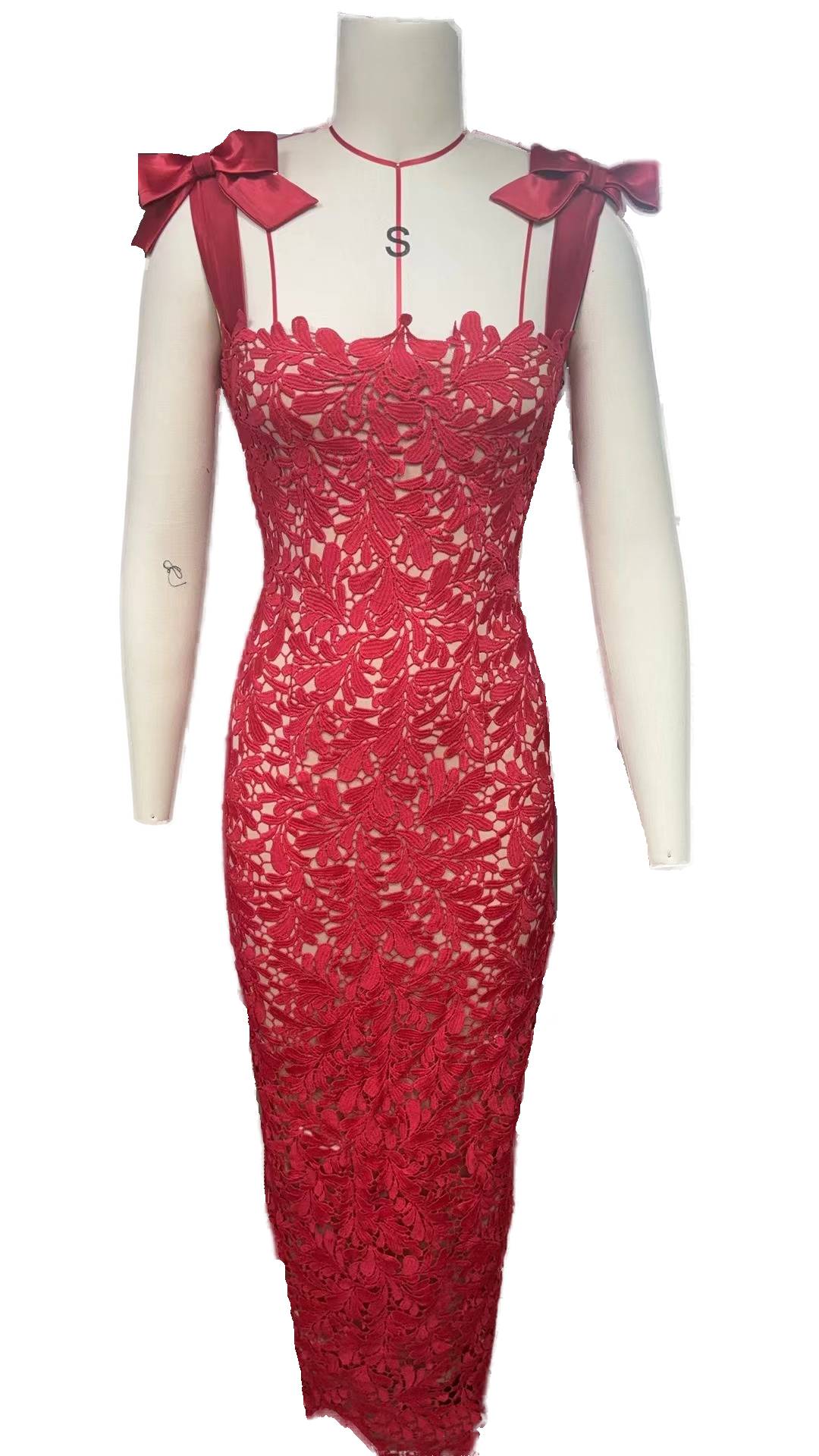 Floral Lace Bow Strap Column Gown - red - 1