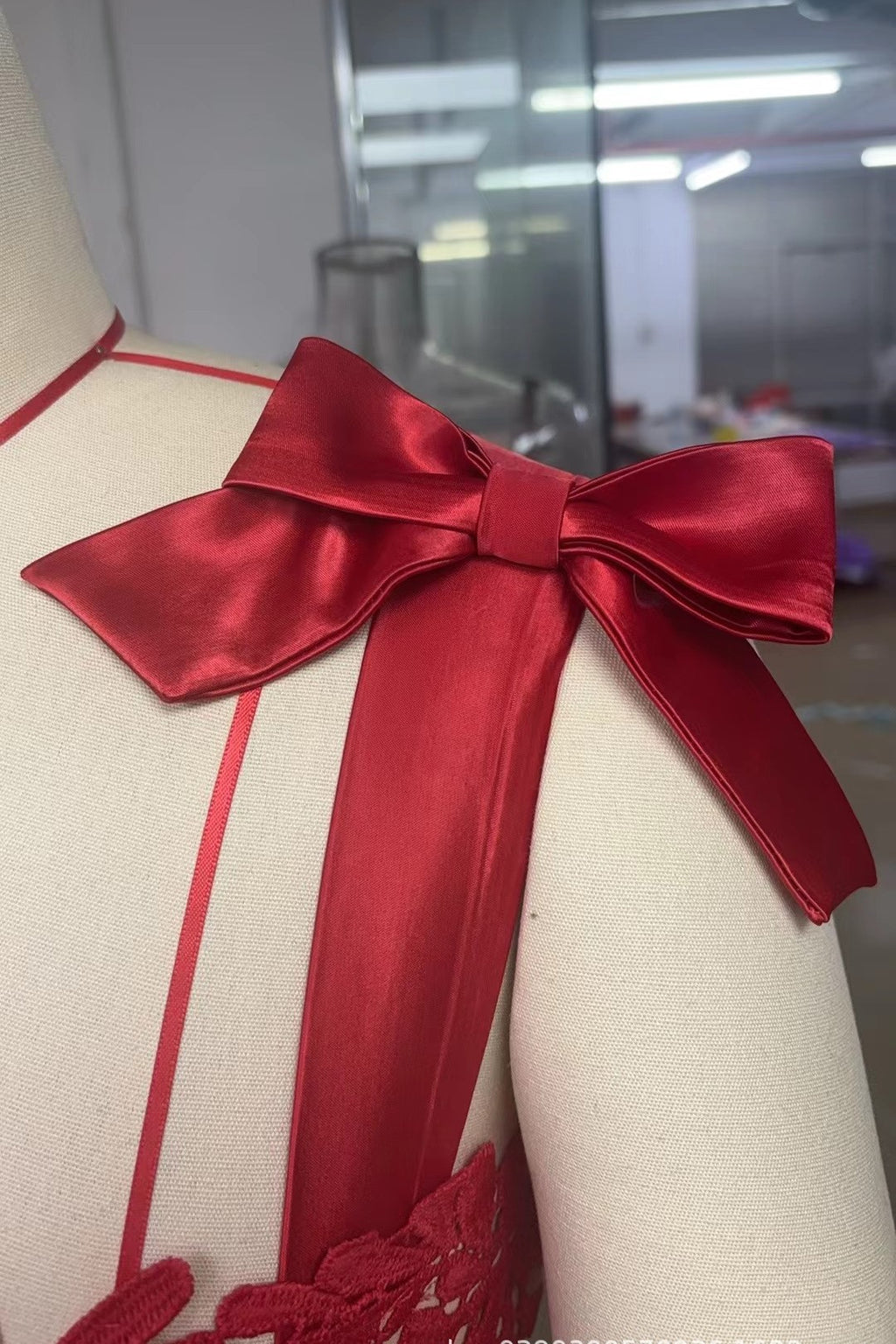 Floral Lace Bow Strap Column Gown - red - 3
