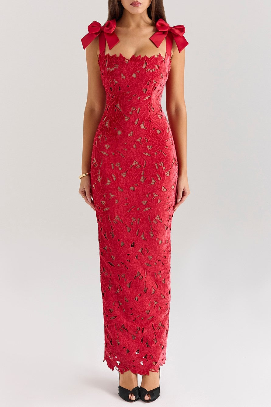 Floral Lace Bow Strap Column Gown - red - 4