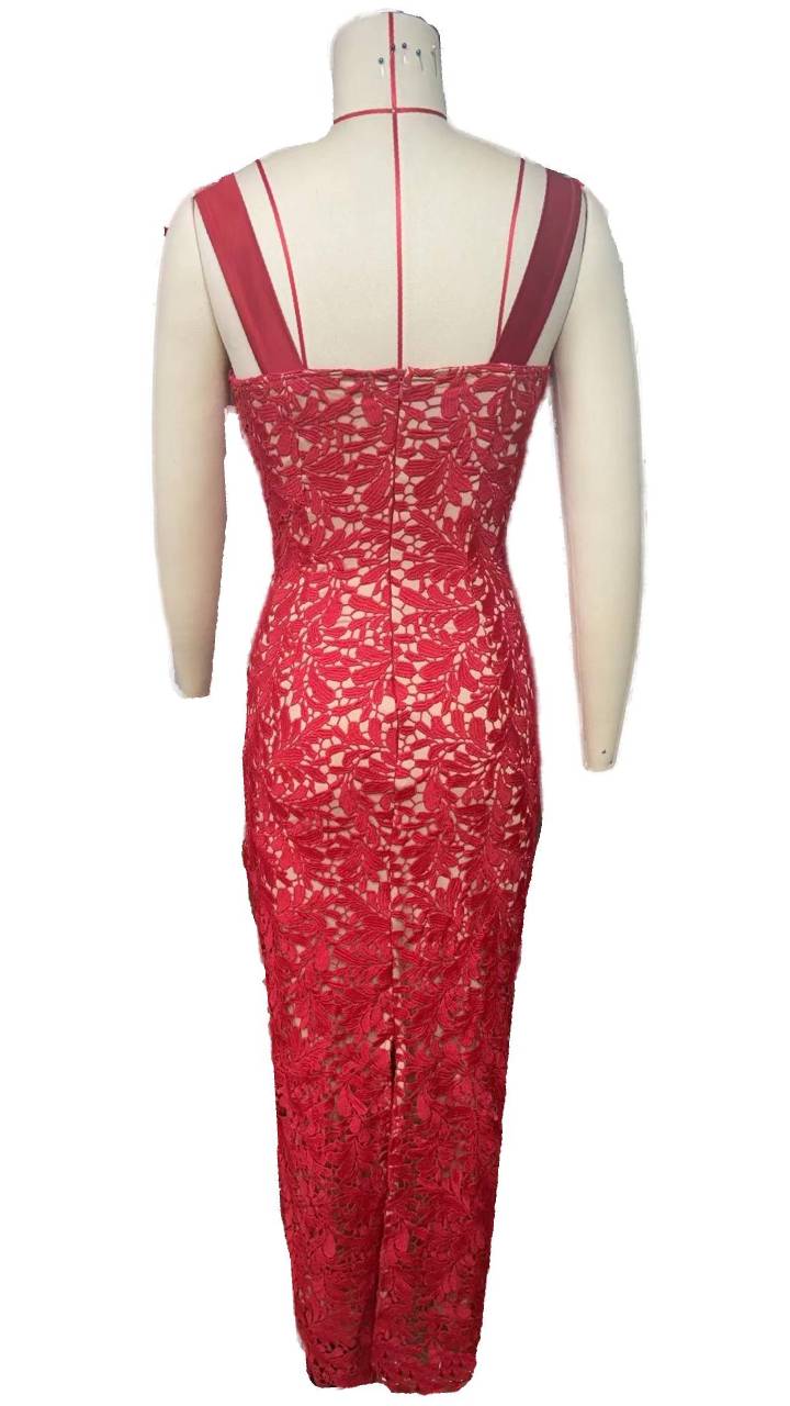 Floral Lace Bow Strap Column Gown - red - 5