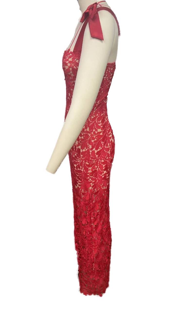 Floral Lace Bow Strap Column Gown - red - 6