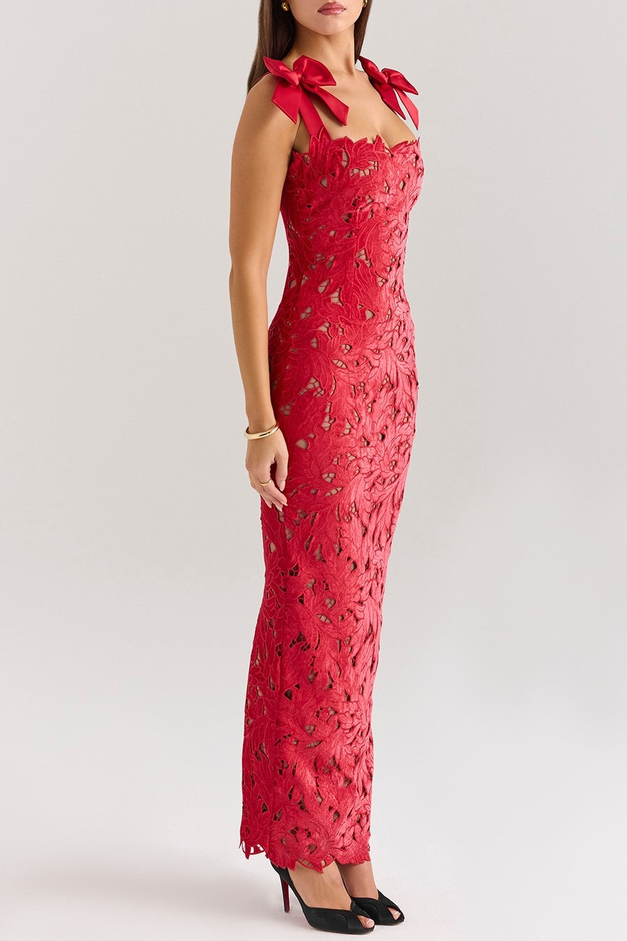 Floral Lace Bow Strap Column Gown - red - 7