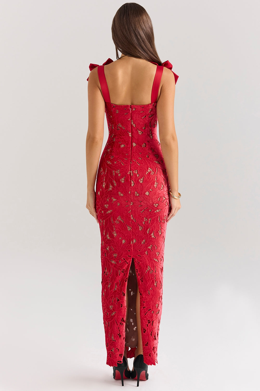 Floral Lace Bow Strap Column Gown - red - 9