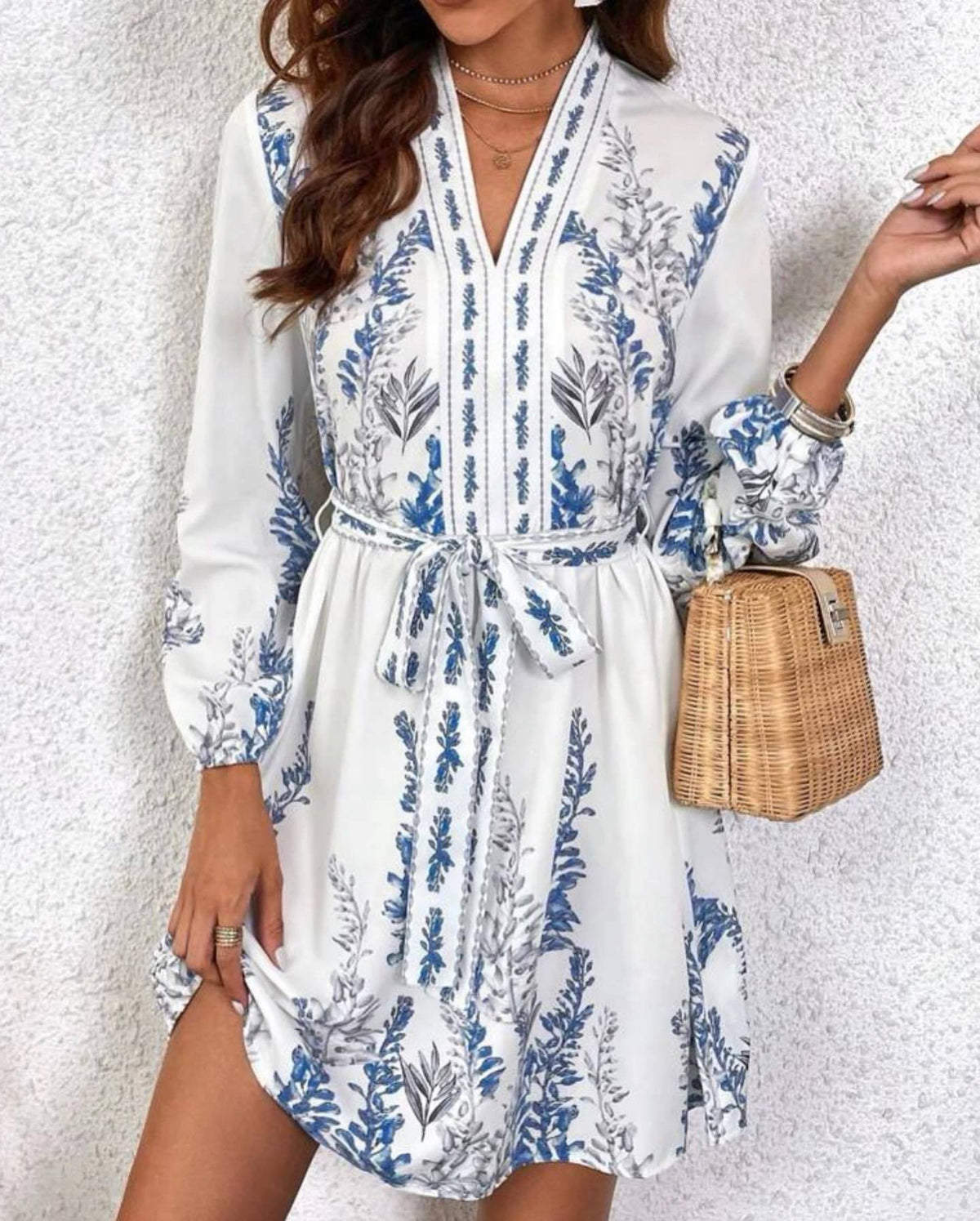 Boho Print Long Sleeve Belted Mini Dress - Blue