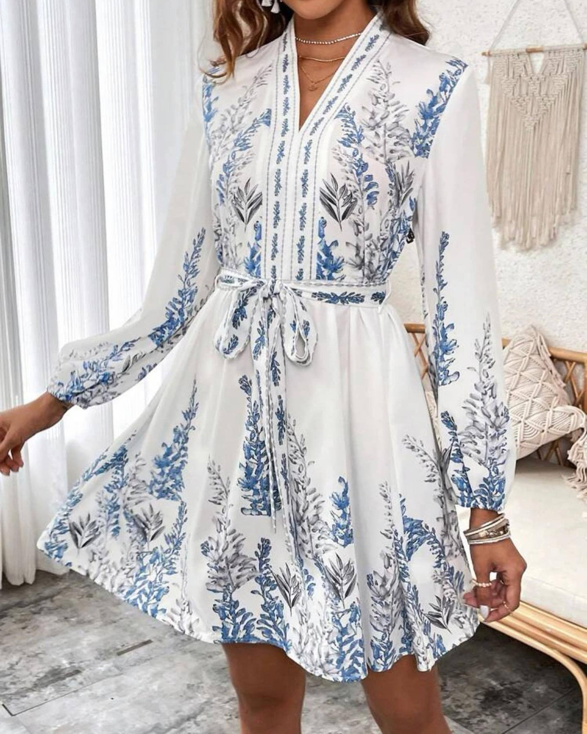 Boho Print Long Sleeve Belted Mini Dress - Blue - 2