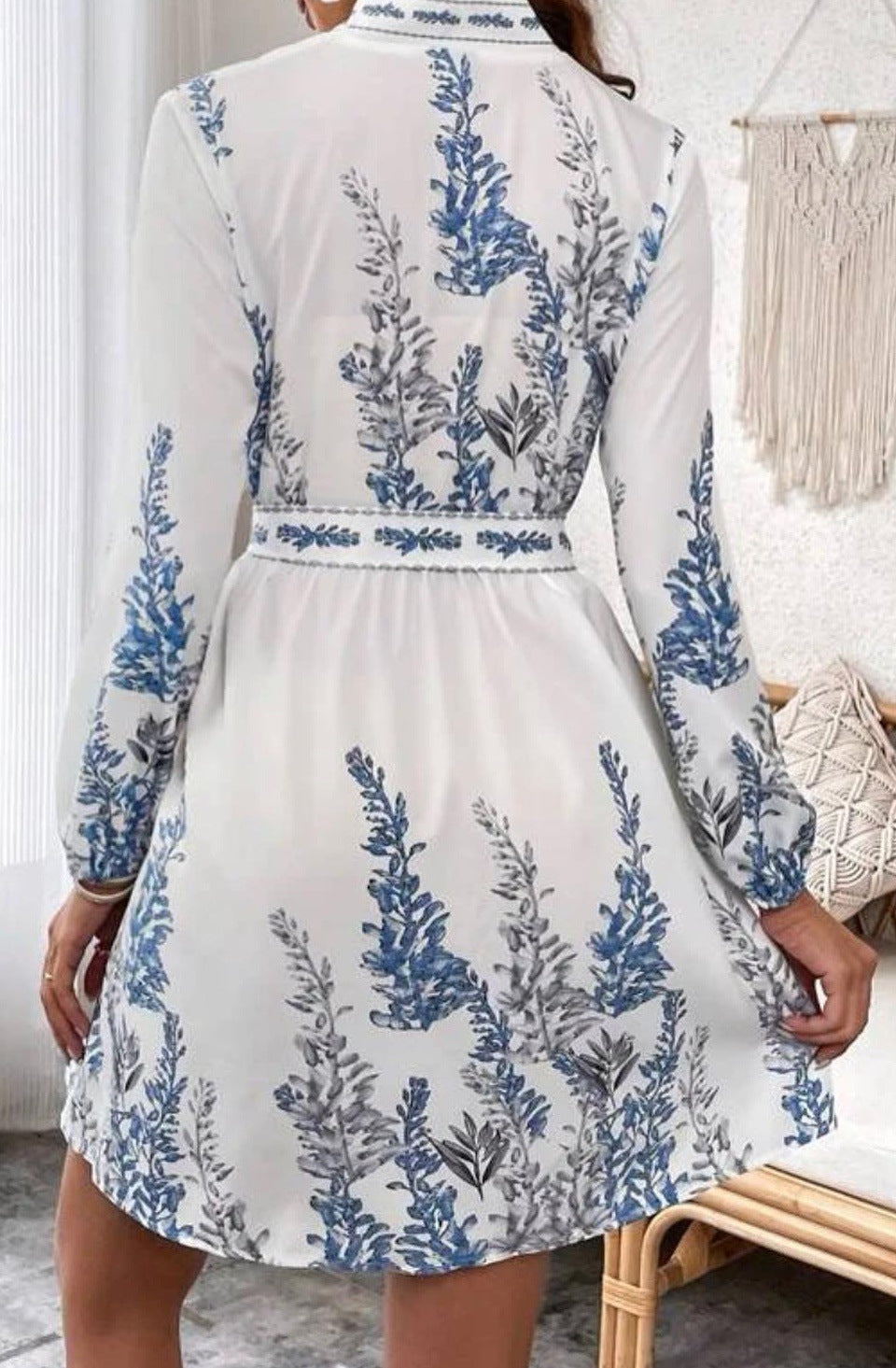 Boho Print Long Sleeve Belted Mini Dress - Blue - 3