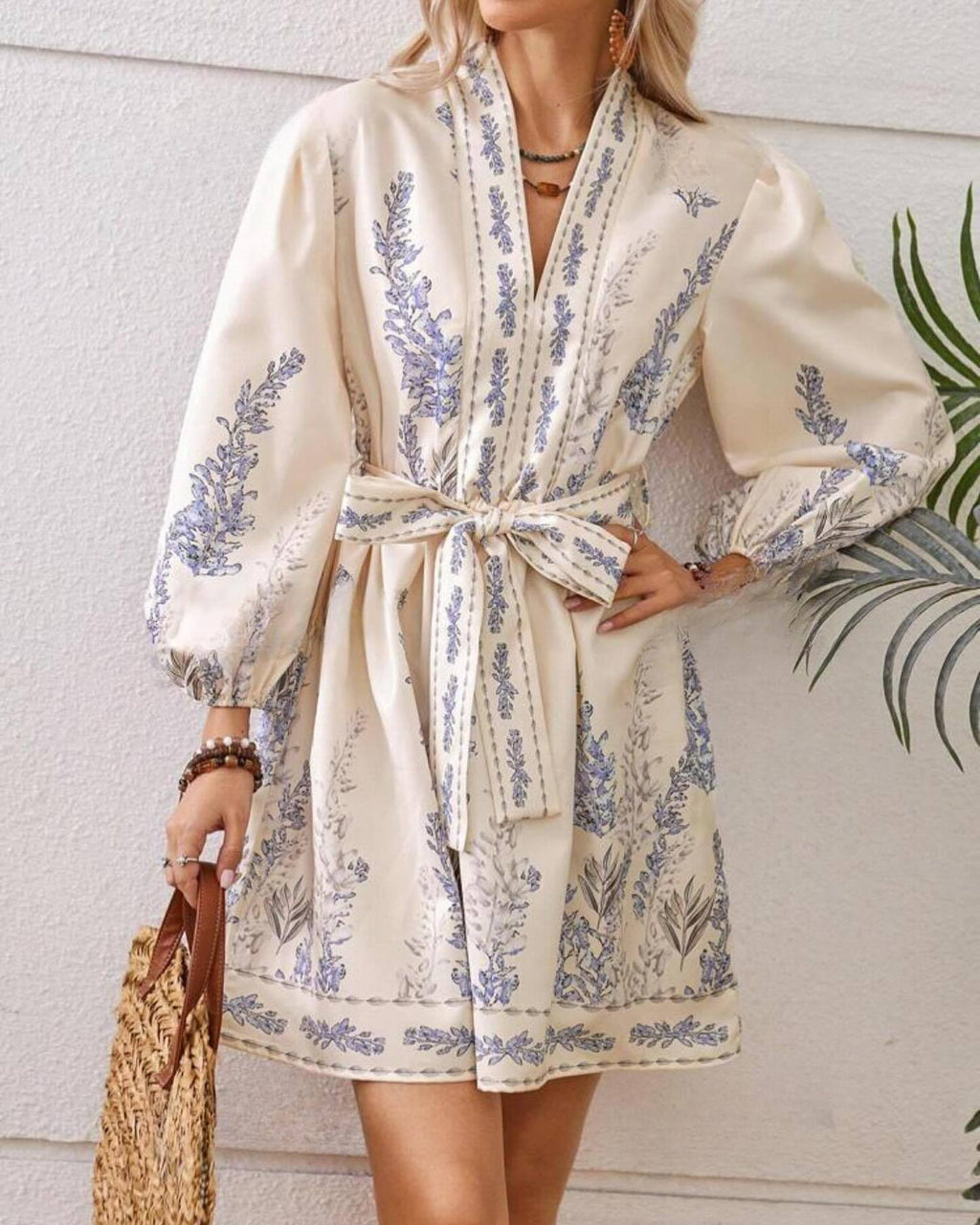 Boho Print Long Sleeve Belted Mini Dress - Khaki