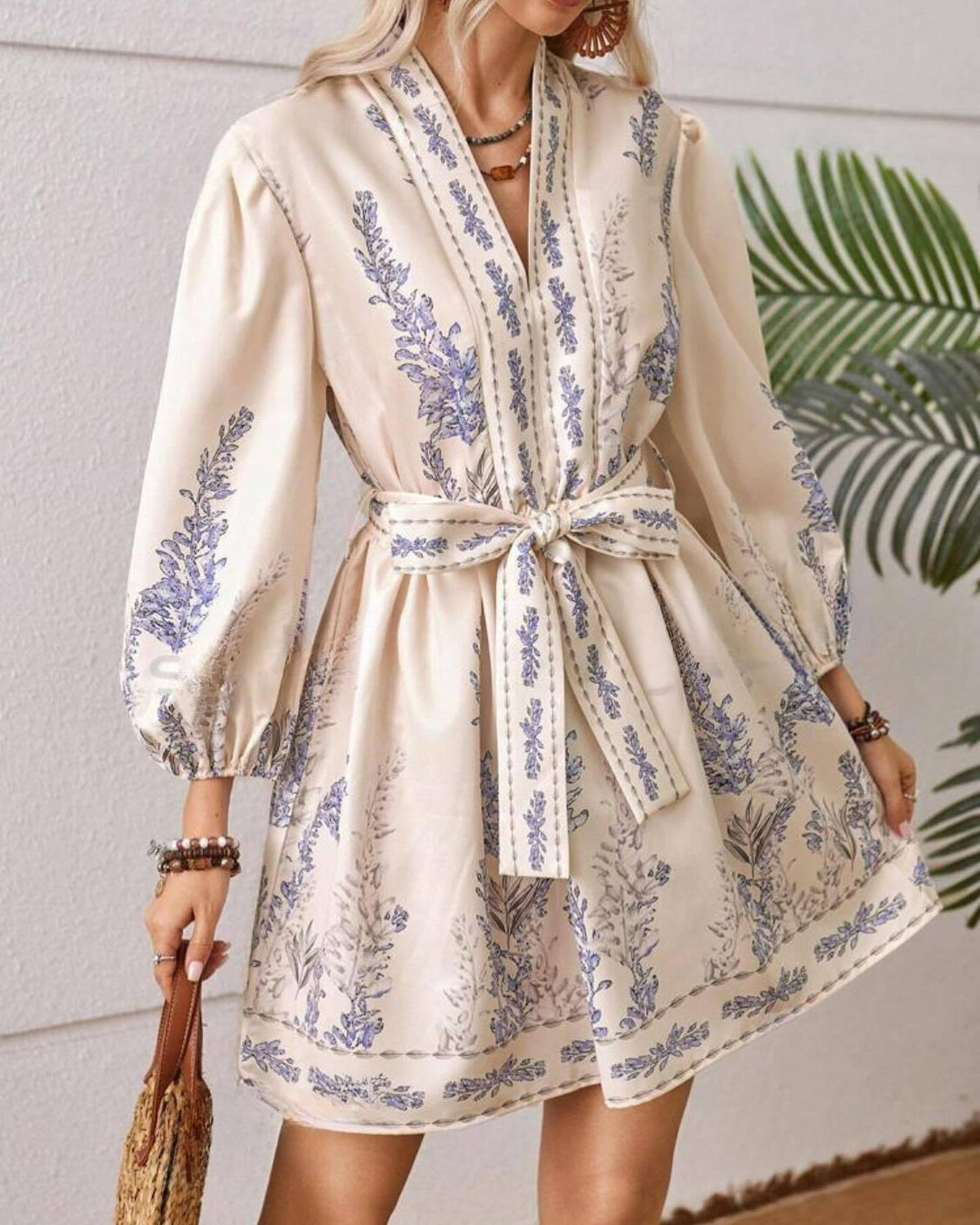 Boho Print Long Sleeve Belted Mini Dress - Khaki - 1