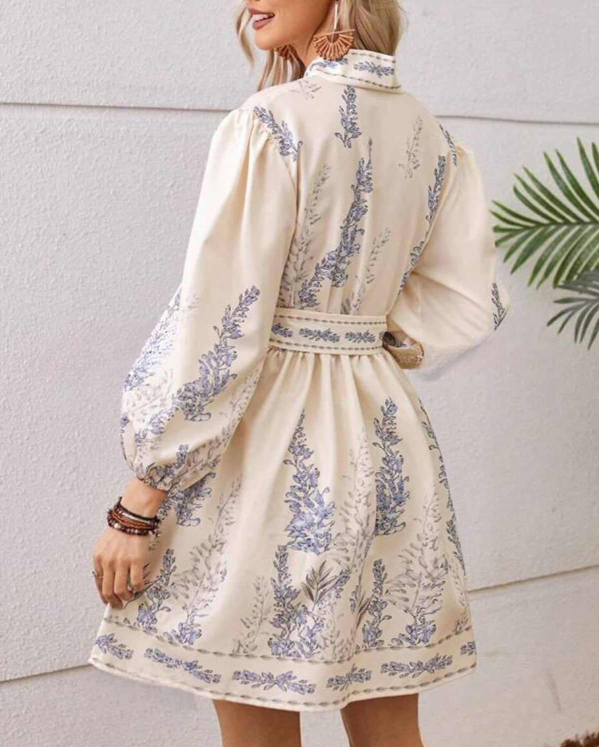 Boho Print Long Sleeve Belted Mini Dress - Khaki - 2