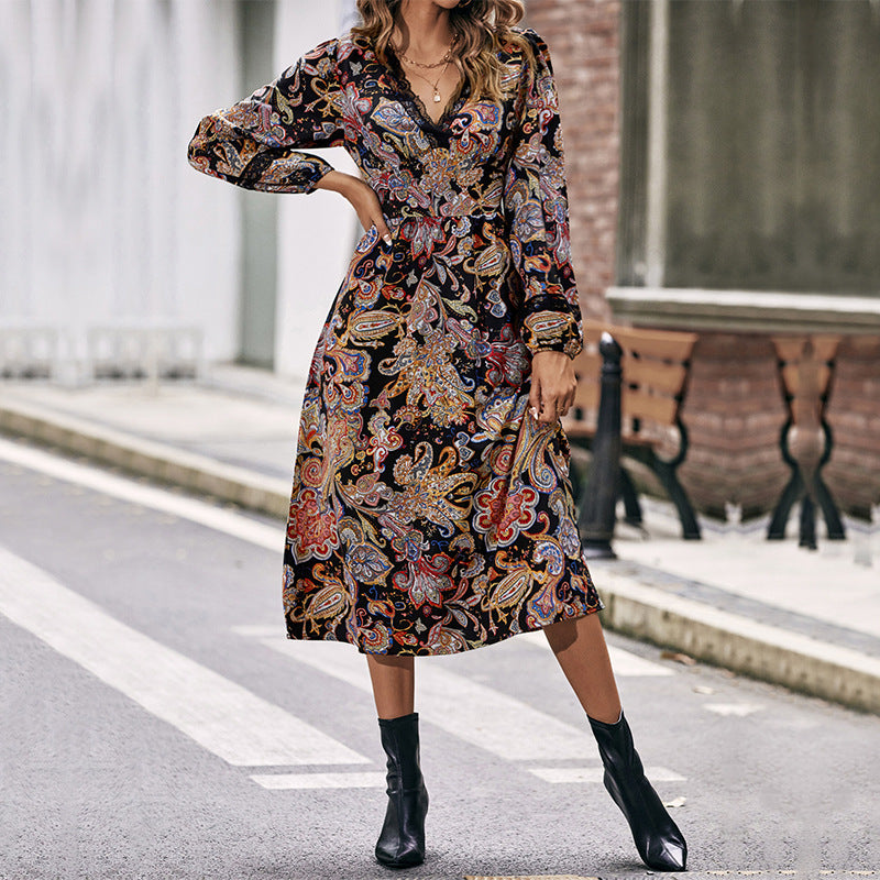 Vintage Paisley Print Long Sleeve Midi Dress - Black