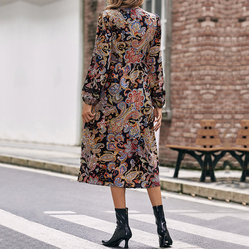 Vintage Paisley Print Long Sleeve Midi Dress - Black - 1